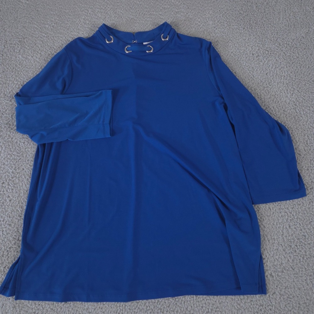 Susan Graver Top Womens 1X Blue Tunic Mock Neck Grommet Tie Back Office Coastal